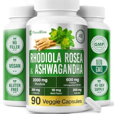FloraBliss Rhodiola Rosea (2000mg Whole Root) with Ashwagandha KSM-66 (600 mg Extract), L-Theanine (300mg), Holy Basil (200mg) & BioPerine - 90 High Potency Vegan Capsules - No Artificial Additives