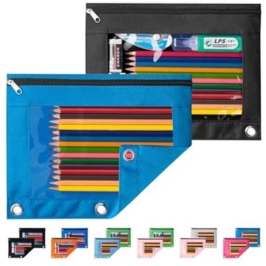 Sooez Pencil Pouch for 3 Ring Binder, 2 Pack Binder Pencil Pouch with Clear Window Pencil Bags with Zipper & Reinforced Grommets, Pencil Case for Binder Azure Blue & Black