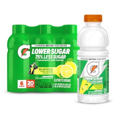 Gatorade Lower Sugar Electrolyte Sports Drink, Lemonade, 20 fl oz Bottles, (6 Pack), 75% Less Sugar, No Artificial Flavors, No Artificial Sweeteners, No Artificial Colors, Hydration