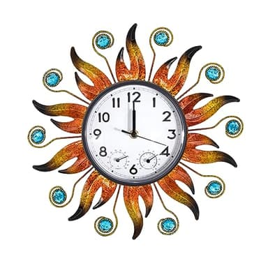 HOBYLUBY Sun Outdoor Clock with Thermometer and Hygrometer Combo, Silent No-Ticking Outdoor Wall Clock, Waterproof Quartz Clock for Patio, Living Room, Kitchen, Garden, 13 Inch