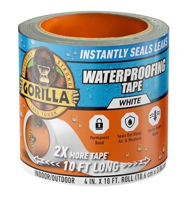 Gorilla Waterproof Patch & Seal Tape, White Tape, 4" x 10' (Pack of 1) - Permanent Weather Resistant Seal for Leaks and Repairs