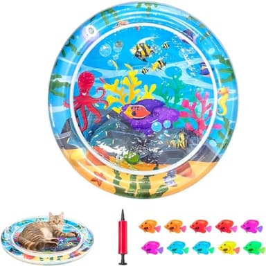 Inflatable Cat Dog Baby Water Mat Toy, [Newly Upgraded, 2 Layers Thickened] Premium Anti-Scratch Leak Proof Mat, with Floating Fish for Indoor Kitten Cats & Kids to Swatting Exercise Hunting (Octopus)