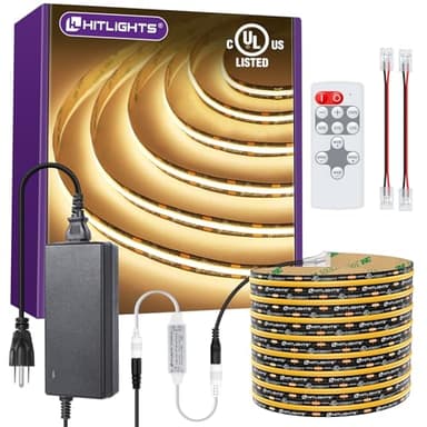 HitLights COB LED Strip Lights Kit Warm White with Remote & 12V Power Supply,16.4ft Dimmable Tape Light 3000K, 2400LEDs, 305+Lm/ft, UL Listed, Flexible Rope Lights for Bedroom Kitchen Cabinet Lighting