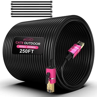 250FT Cat8 Outdoor Ethernet Cable, In-Ground, 26AWG Pure Copper Cat 8, Heavy Duty Direct Burial, LLDPE UV Jacket, Waterproof, 40Gbps 2000Mhz SFTP Patch Cord, POE, Network, Internet, with 25 Cable Ties
