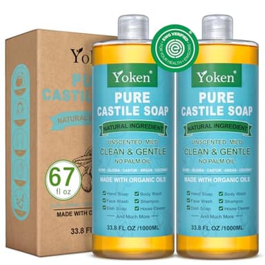 Yoken Pure Castile Soap Liquid Unscented 67 fl oz Castile Liquid Soap Made With Organic Oil, Clean & Gentle, No Palm Oil, Vegan, Natural Castille soaps for Face Body Hand Wash, Dishes Multi-purpose