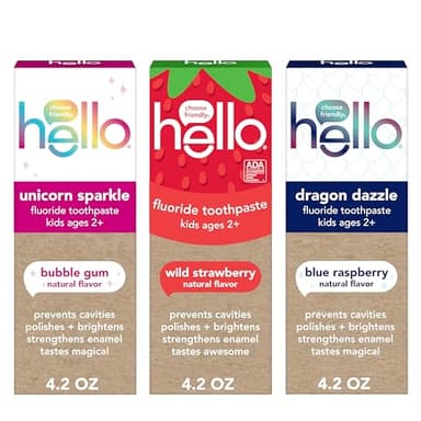 Hello Kids Fluoride Toothpaste Variety Pack, Includes a Strawberry Toothpaste, Unicorn Bubble Gum Toothpaste, and Blue Raspberry Toothpaste, Safe for Ages 2 and Up, 3 Pack, 4.2 Oz Each