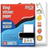 JOYEZA Premium Printable Vinyl Sticker Paper for Inkjet Printer - 25 Sheets Glossy White Waterproof, Dries Quickly Vivid Colors, Holds Ink Well - Inkjet & Laser Printer