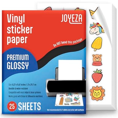 JOYEZA Premium Printable Vinyl Sticker Paper for Inkjet Printer - 25 Sheets Glossy White Waterproof, Dries Quickly Vivid Colors, Holds Ink Well - Inkjet & Laser Printer