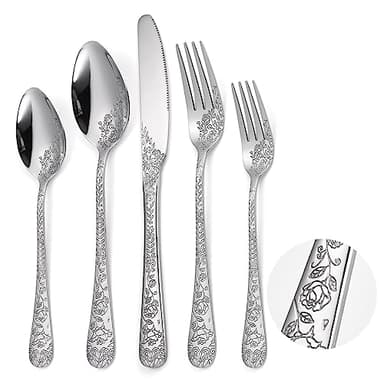 A · HOUSEWARE Floral Silverware Set 6 Silvery Flatware Stainless Steel with Delicate Engraved Rose Flower Embossed Design Complete 30 Piece Cutlery for Restaurant Utensils Home Kitchen Daily Use