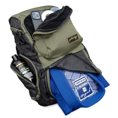 Gold BJJ Jiu Jitsu Backpack - Heavy Duty Gym Bag with Waterproof Gi Pocket (Olive)