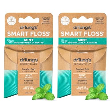 drTung's Smart Floss Mint for Teeth - Natural Expanding Dental Floss, Gentle on Tooth & Gums, Expands & Glides, PTFE & PFAS Free, Certified Organic Mint Essential Oils - Pack of 2