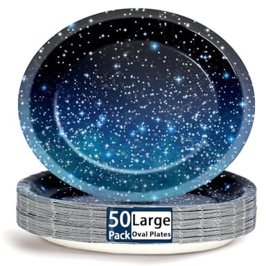 Qyeahkj 50 PCS Space Galaxy Oval Paper Plates Large 11” Disposable Starry Night Sky Galaxy Party Platter Decorations Outer Space Supplies Favor for Happy Space Star Sky Dinner Party Tableware Set