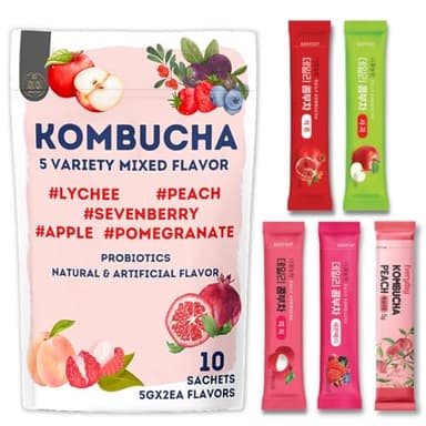 Korean Kombucha Tea, Powder 5g x 10 Sachets (50g/3.52oz) Probiotics, Prebiotics, Sugar Free, Diet Tea, Healthy Drink (5 Variety Flavor)
