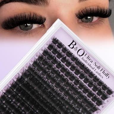 B&Q Fluffy Lash Clusters Thick 200D, Volume Eyelash Clusters 10-18mm, D Curl Cluster Eyelash Extensions, Supersoft Individual Lashes Wispy Cluster Lashes Dramatic Full Look Eyelash（200D）