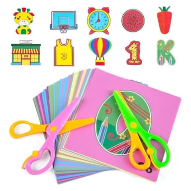 Koogel Toddler Scissors Practice Kit for Ages 3+, 2 Training Blunt Tip Safety Scissors & 120 Sheets Paper Cutting for Early Preschool Development Tools, Hand-Eye Coordination, Learn to Cut Line Skill