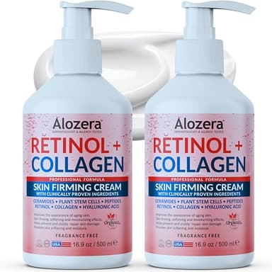 Alozera Skin Firming Retinol Collagen Face & Body Lotion with Stem Cells for Aging Skin and Wrinkles, Non-Greasy, Lightweight Moisturizer, Fragrance-Free, 16.9 oz (2-Pack)