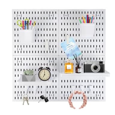 PSLER 4PCS Pegboard Wall Organizer White Peg Boards for Desk, Office & Gaming Setup Space-Saving Peg Board Kit with Hooks for Keys, Storage Box, Partition