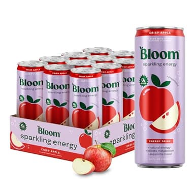 Bloom Nutrition Sparkling Energy Drink - Natural Caffeine, Zero Sugar, 180mg Caffeine - Antioxidant-Rich with Green Coffee Bean, Green Tea Extract, Prebiotics - Crisp Apple - 12oz 12 Pack