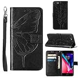 Moment Dextrad for iPhone 7/8 Plus Wallet Case, 6/6S Plus Case, Butterfly Floral Embossed, Wrist Strap, Card Holder Slots,Stand Leather Protective Flip Cover (Black)