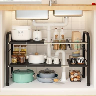 KOSIWU Expandable Under Sink Organizer, 2 Tier Under Sink Shelf with 2 Removable Baskets and 6 Removable Panels for Cabinet Sink Cloakroom Wardrobe Closet Storage(Black, 17.71”-32”Length