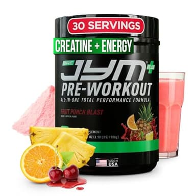 JYM Supplement Science Pre JYM Plus Fruit Punch Pre-Workout Powder, Amino Nitrates, Creatine, Betaine, Nootropics, BCAA’s, for Men & Women, 30 Servings