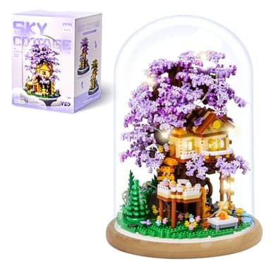 DIY Flower Building Toy Sets Miniature Cherry Blossom Tree House Building Kit, Purple & Yellow Sakura Flowers, Building Blocks Set for Adults & Girls - Bonsai Tree Model with Dust Cover