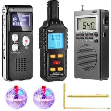 Grinsvalley 7 in 1 Ghost Hunting Equipment Kit Include 1 EMF Meter 1 Hand Held Radio 2 LED Light Cat Ball 1 Digital EVP Voice Recorder 2 Dowsing Rods Ghost Investigation Paranormal Equipment