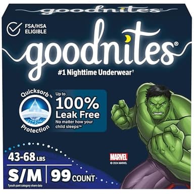 Goodnites Boys' Bedwetting Underwear, Size S/M (43-68 lbs), 99 Ct (3 Packs of 33), Packaging May Vary