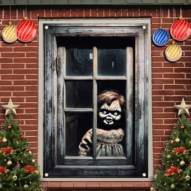 Starlit Patio Scary Halloween Window Cover Creepy Doll Haunted House Decoration Horror Halloween Theme Poster Cling Bloody Background Spooky Window for Party Props Home Decor 47x31 Inch