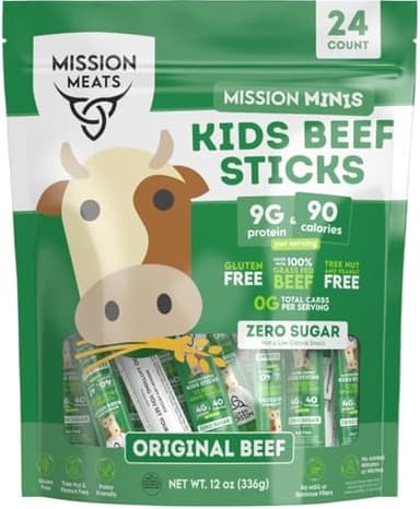 Mission Meats Kids Beef Sticks, 100% Grass Fed, Healthy Snacks for Kids, Zero Sugar, 9g Protein per Serving, Gluten & Nut Free, Individually Wrapped, Mini 0.5oz (24ct Bag)