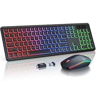 Wireless Keyboard and Mouse Combo, RGB Backlit, Rechargeable & Light Up Letters, Full-Size, Soft Typing, Sleep Mode, 2.4GHz Quiet Keyboard Set for Mac, Windows, Laptop, PC, Trueque KM42Pro (Black)
