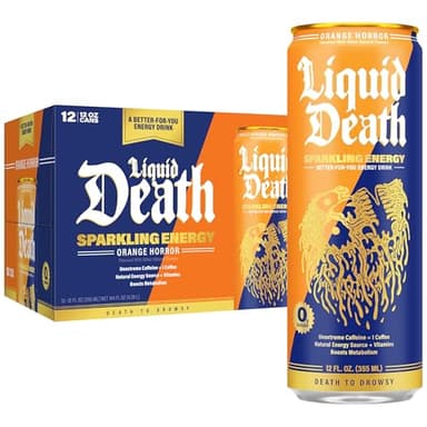 Liquid Death Sparkling Energy - Orange Horror (Orange and Cream), Zero Sugar Energy Drink, Unextreme Caffeine 100mg, Essential Vitamins, 12 Fl Oz (Pack of 12)