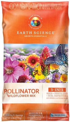 Earth Science Wildflower Pollinator Mix— 6 lb—3-in-1 Mix with Premium Wildflower Seed, Plant Food and Soil Conditioners, Non-GMO, for Bees, Hummingbirds, Butterflies, Pollinators