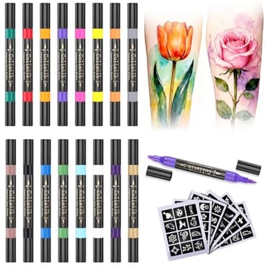Coliatik Temporary Tattoo Markers for Skin – Dual-End 16 Colors + 80 Stencils Kit, Skin-Safe Washable Cosmetic-Grade Body Art Pens for Kids & Adults