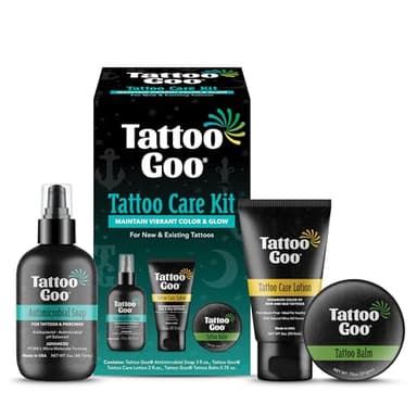 Tattoo Goo Aftercare Kit Includes Antimicrobial Soap, Balm, and Lotion, Tattoo Care for Color Enhancement + Quick Healing - Cruelty-Free, Petroleum-Free, Tattoo Artist Gifts (3 Piece Set)