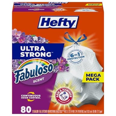 Hefty Ultra Strong 13 Gallon Trash Bags, Tall Kitchen Trash Bags 13 Gallon Size, Resist Leaks, Punctures, and Rips, Continuous Odor Control, White, Fabuloso Scent, 80 Bags