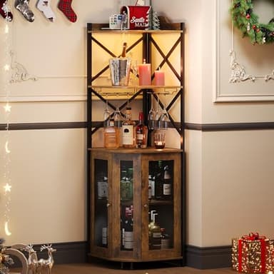 JKsmart Corner Bar Cabinet with LED Lights, 5-Tier Industrial Wine Bar Cabinet with Glass Holder, Farmhouse Liquor Cabinets with Shelf and Door, Home Bar for Coffee Bars, Rustic Brown