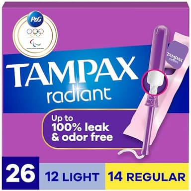 Tampax Radiant Tampons Multipack, with LeakGuard Braid, Light/Regular Absorbency, Unscented, 26 Count