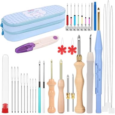 35Pcs Punch Needle Kit Adult Beginner, Adjustable Punch Needle Tool with Different Size Needles & Storage Case, Wooden Handle Embroidery Pen Set for Gifts, Decoration & DIY Craft Project