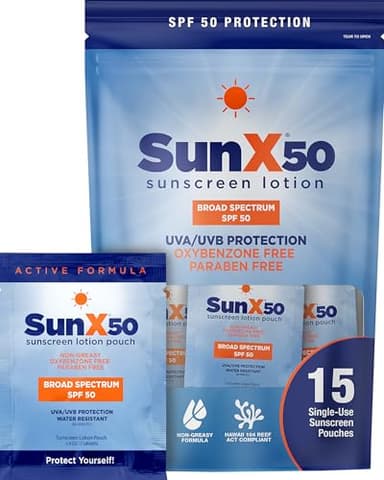 CoreTex Sun X 50 SPF Broad Spectrum Sunscreen Packets with Resealable Travel Bag - Pack of 15 Paraben, Oxybenzone, Octinoxate, & Oil Free Sunscreen - Water Resistant Up to 80 Minutes