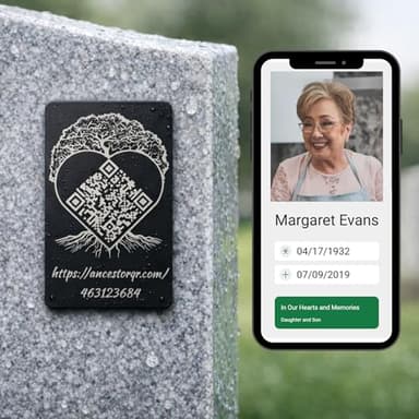 AncestorQR QR Code Headstone Plaque, Memorial Page, Made in Germany, No Monthly Fee, 30-Year Guaranteed Access, Password Protected, Weatherproof, 3.4x2 in