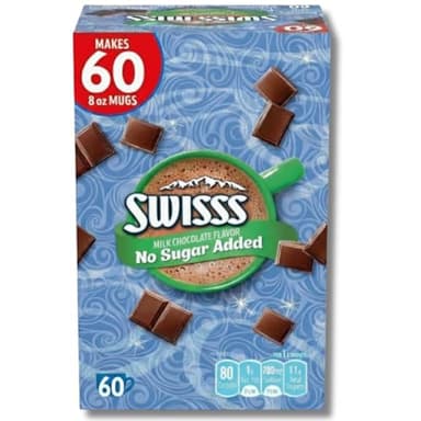 Swiss Milk Chocolate No Sugar Added Hot Cocoa Mix, 60 Count | Individually Wrapped 0.73 oz Envelopes | Instant Low-Sugar Hot Chocolate | Gluten Free