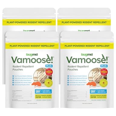 BugMD Vamoose! Plus Peppermint Oil Mouse Repellent Pouches | Natural Mice Repellent Indoor & Rat Deterrent for House, Garage, RV, Car & Storage | Plant-Powered Rodent Control - 4 Pack - 16 Pouches