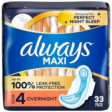Always Maxi Overnight Pads with Wings for Women, Size 4, Overnight Absorbency, Unscented, 33 Count