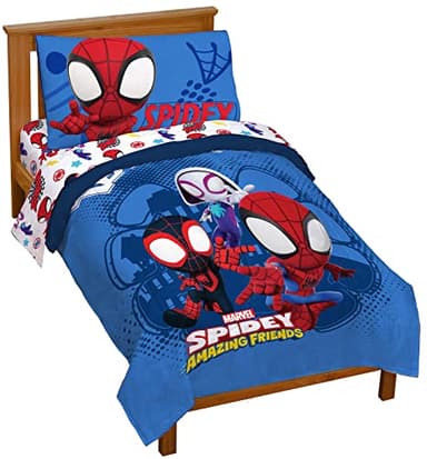 Jay Franco Marvel Spidey and His Amazing Friends Team Spidey 4 Piece Toddler Size Bed Set – Super Soft Microfiber - Includes Comforter & Sheet Set Bedding (Official Marvel Product)