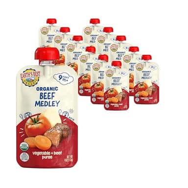 Earth's Best Organic Baby Food Pouches, 9+ Months, Beef, Vegetable, and Rice Puree for Babies 9 Months and Up, Organic Beef Medley, 4 Ounce Resealable Pouch (Pack of 12)