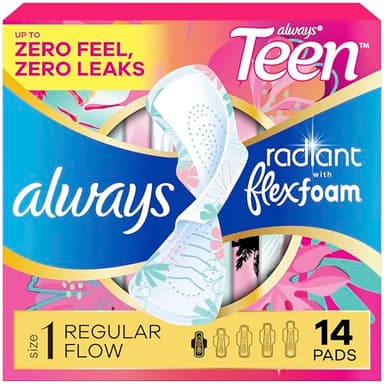 Always Radiant Teen Feminine Pads for Women, Size 1 Regular Absorbency, with Wings, Unscented, 14 Count