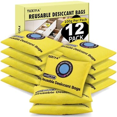 TUXIYA 12Pack(100g Each) Rechargeable Silica Gel Desiccant Packets,Color Indicating Desiccant Packs for Storage,Moisture Absorbers for Storage Bins,Suitcase,Safes,3D Filaments,Wet Zones and Cars