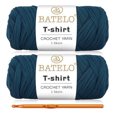 BATELO 2 Pack T-Shirt Yarn Crochet Yarn for Beginner Crochet Bags/Basket/Coaster,Tshirt Yarn 400g/144yds High Elastic Thick Yarn Polyester Fabric（Denim Blue）