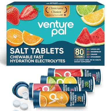 Venture Pal Chewable Electrolyte Tablets, 80 Count Fast-Dissolve Sugar-Free Stick Salt Tablets,Gluten Free – Variety Pack for Rapid Hydration, Outdoor Running, Hiking | Keto & Vegan Friendly | 4 Pack